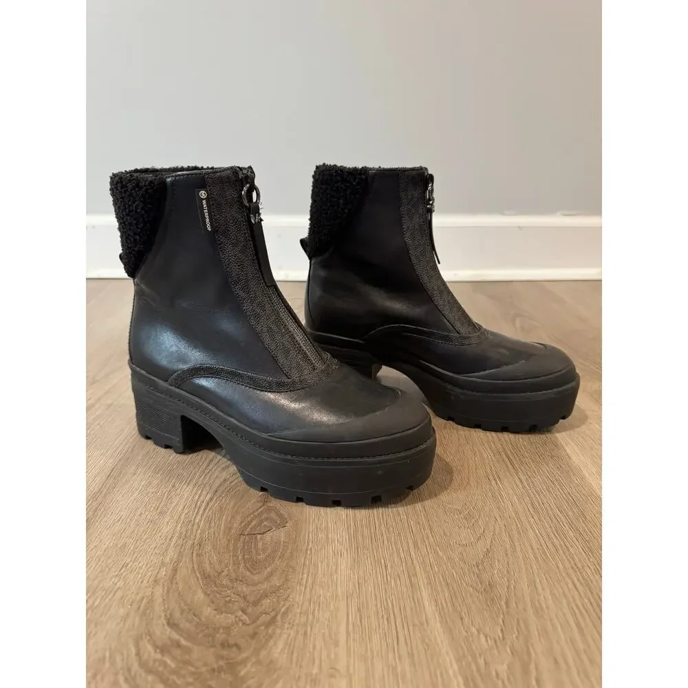 Michael Kors Channing Black Leather Sherpa Platform Boots 7.5